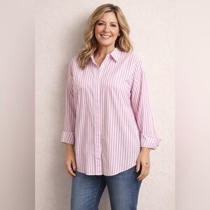 Chaps Classics Pink & White Striped Button-Down Shirt | Large